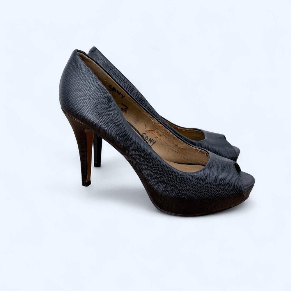 Black Lizardskin Embossed Platform Heels Peep Toe Stiletto Pumps Shoes
